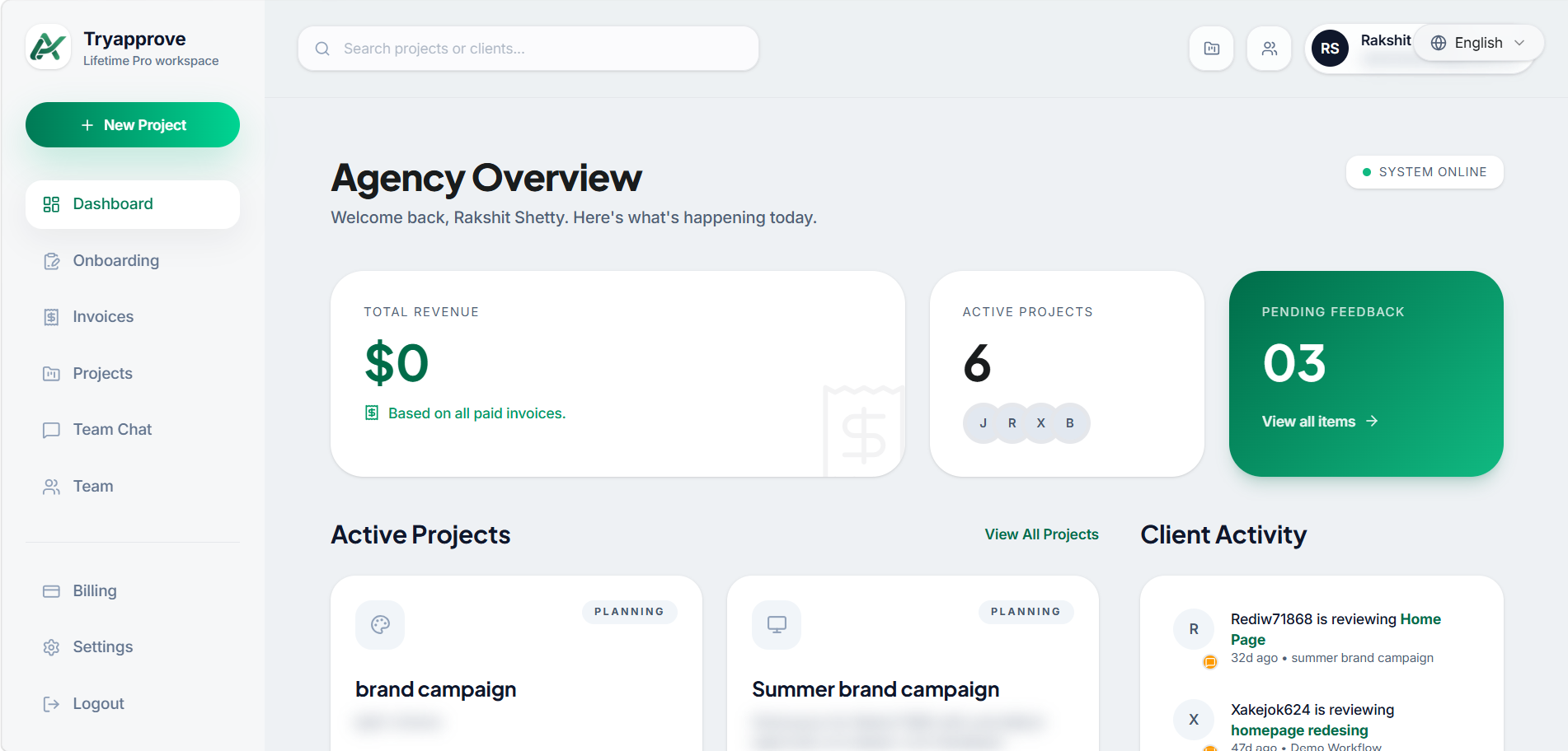 TryApprove dashboard showing projects, client portal, and approval workflows